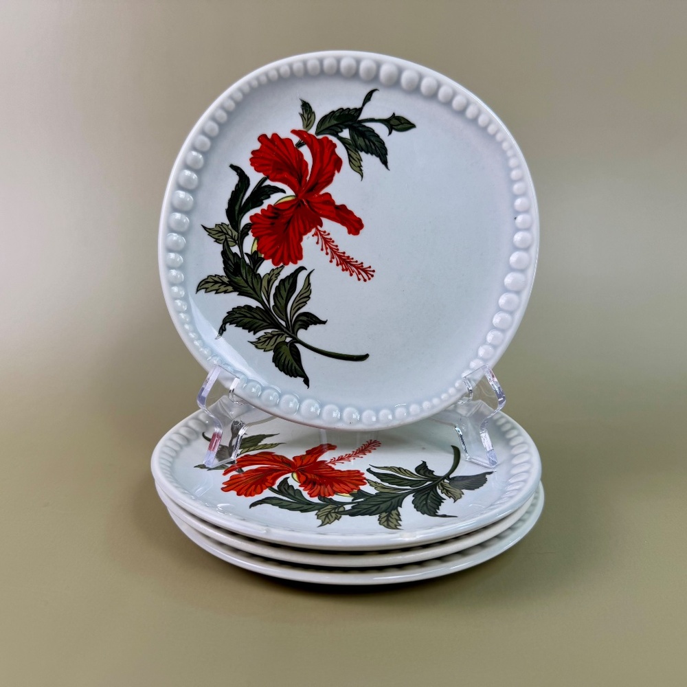 Vintage Gray-Lure by Crooksville 6" Hibiscus Plates – Set of 4 | Mid-Century - Picture 3 of 9